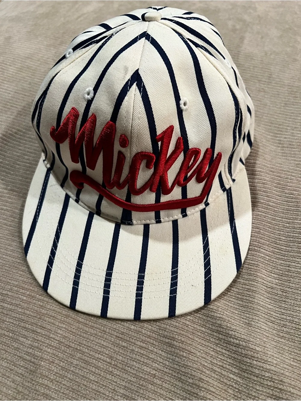 Disney Striped Baseball Cap with Red 'Mickey' Script